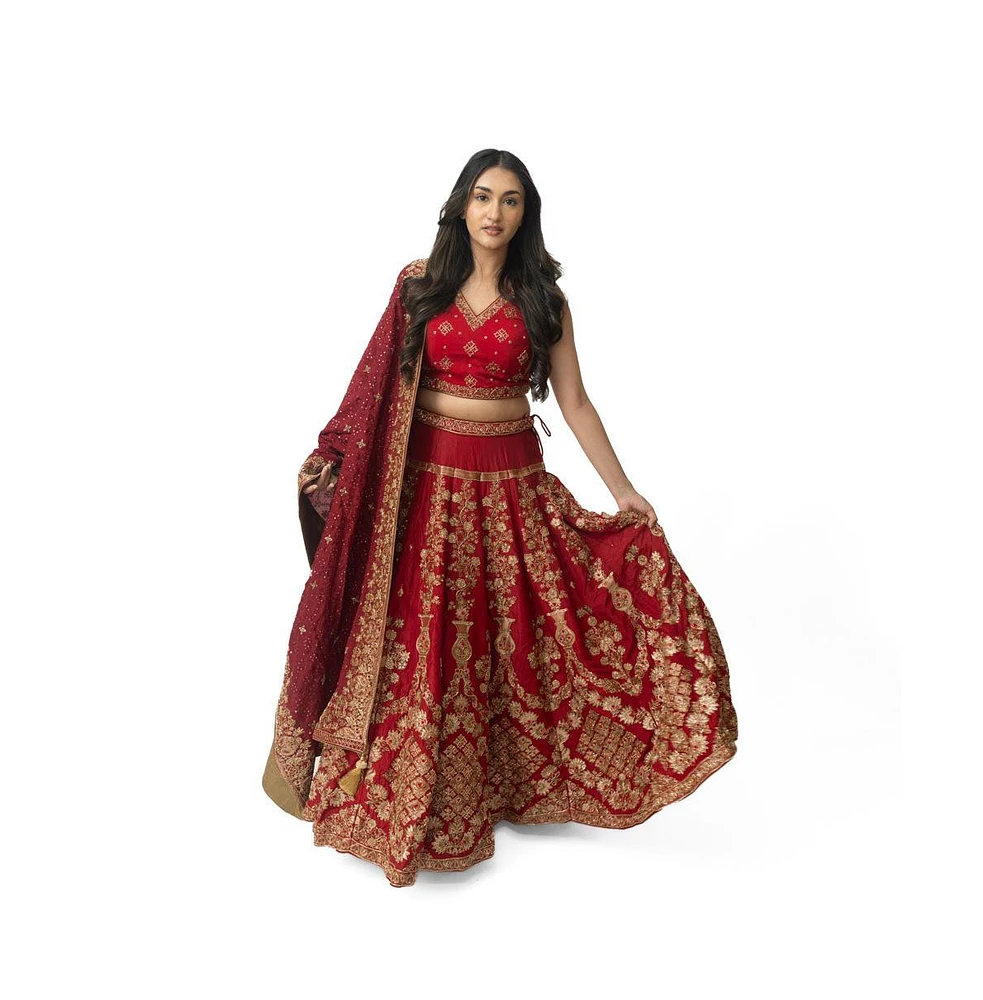 Raas Women's Red Hand Embroidered Bridal Lehenga Choli Set