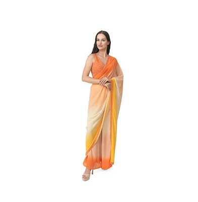 Raas Women's Shaded Silk Pre-Draped Saree with Hand Embroidered Blouse