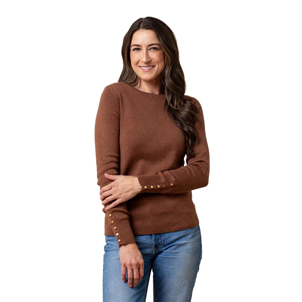 Hope & Henry Women's Long Sleeve Rib Knit Sweater Top with Button Cuffs