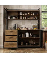 Homsee Brown Buffet Sideboard Cabinet with Metal Mesh Doors, 3-Drawers