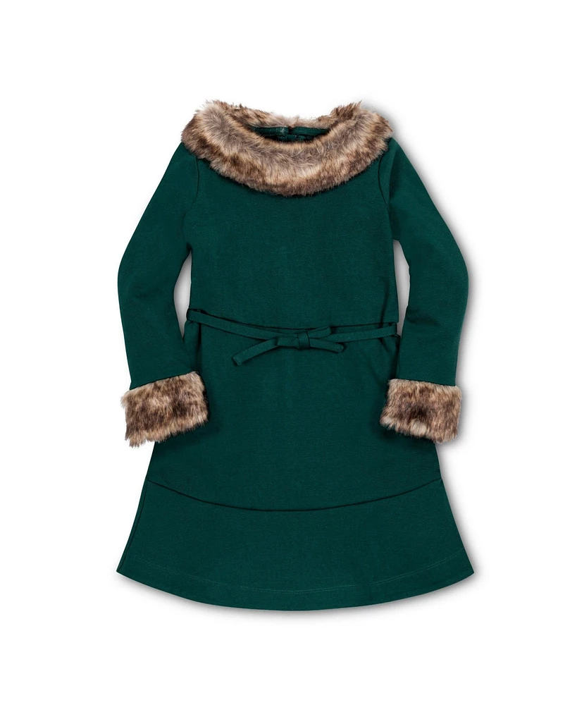 Hope & Henry Little Girls Long Sleeve Ponte Skater Dress with Faux Fur Trim