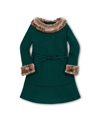 Hope & Henry Little Girls Long Sleeve Ponte Skater Dress with Faux Fur Trim