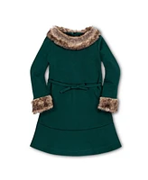 Hope & Henry Baby Girls Long Sleeve Ponte Skater Dress with Faux Fur Trim