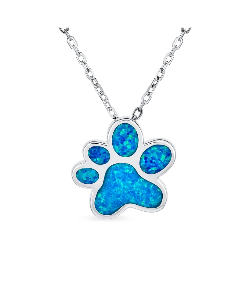 Bling Jewelry Bff Best Friend Animal Pet Lover Bff Synthetic Blue Opal Inlay Cat Dog Puppy Paw Print Necklace Pendant For Women Sterling Silver