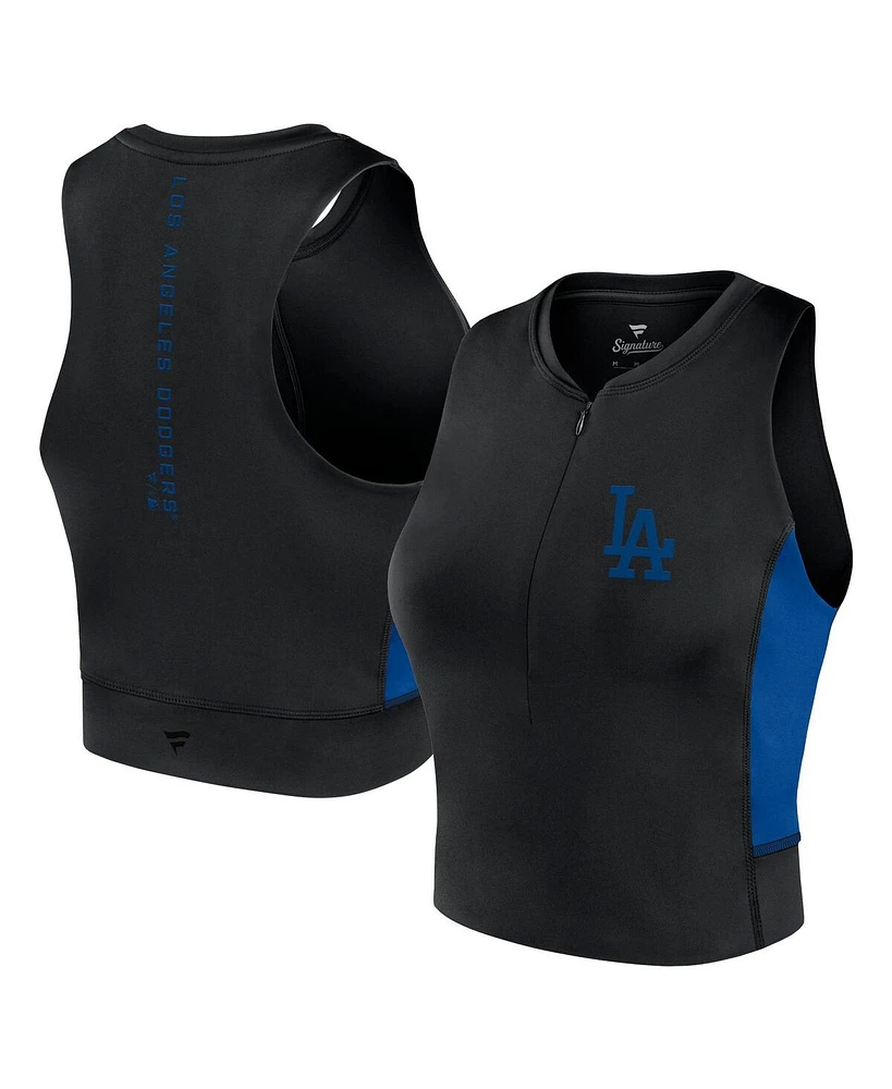 Fanatics Women's Black Los Angeles Dodgers Studio Half-Zip Fitted Gym Tank Top