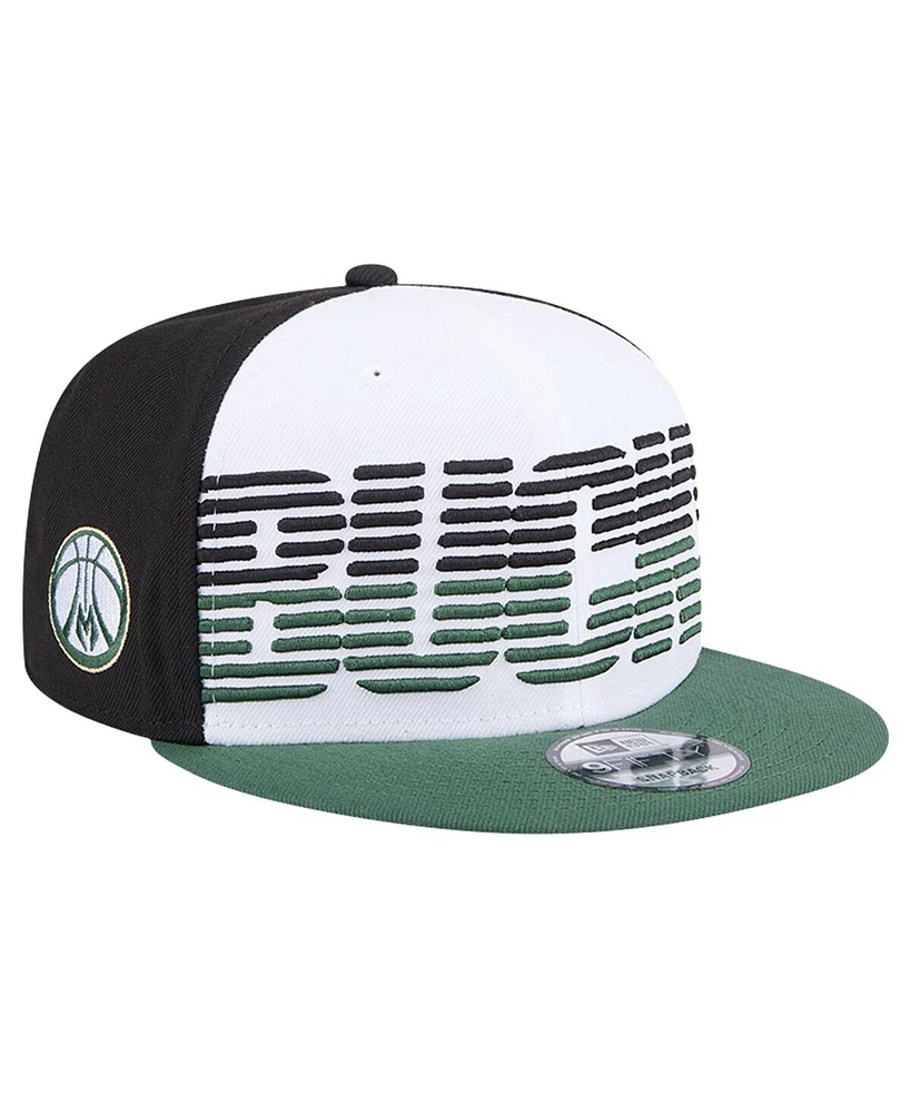 New Era Men's White/Hunter Green Milwaukee Bucks Throwback Gradient Tech Font 9FIFTY Snapback Hat