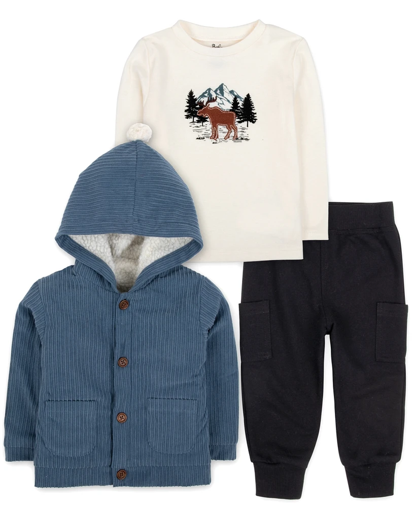 Baby Essentials Boy Woodland Cozy Hooded Jacket, Top & Pant, 3-Piece Set