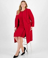 Kasper Plus Size Contrast Tipped Collarless Long Jacket Tipped Sleeveless Sheath Dress