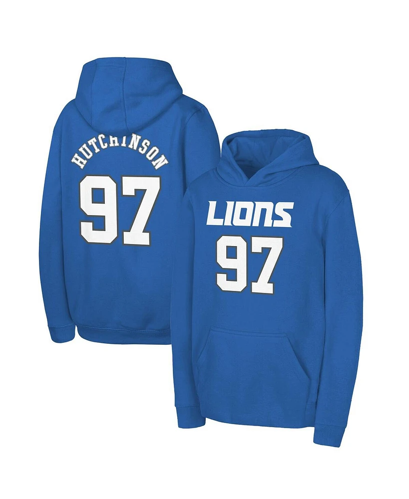 Outerstuff Big Boys and Girls Aidan Hutchinson Blue Detroit Lions Mainliner Player Name Number Pullover Hoodie