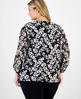 Kasper Plus Leaf-Print Shirred-Neck Blouse