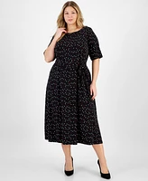 Kasper Plus Dot-Print Round-Neck Fit & Flare Dress