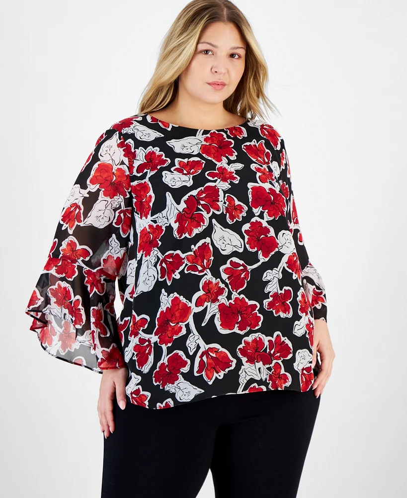 Kasper Plus Floral-Print Ruffle-Sleeve Blouse