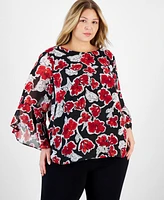 Kasper Plus Floral-Print Ruffle-Sleeve Blouse