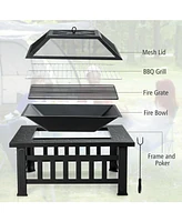 Skonyon 32 Inch 3 in 1 Outdoor Square Fire Pit Table with Bbq Grill and Rain Cover for Camping