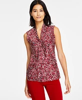 Kasper Women's Satin Printed Tie-Neck Sleeveless Blouse, Regular & Petite