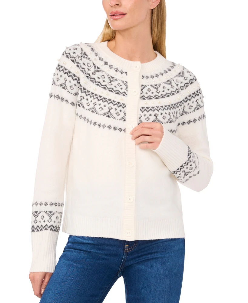 CeCe Women's Embellished Fair Isle Cardigan