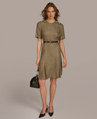 Donna Karan Women's Houndstooth Belted Short-Sleeve Dress