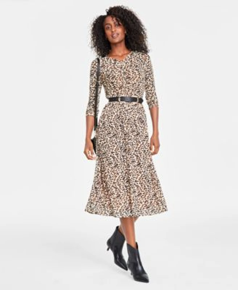 On 34th Womens Leopard Midi Dress Metallic Faux Leather Belt Crossbody Bag Tulip Booties Created For Macys