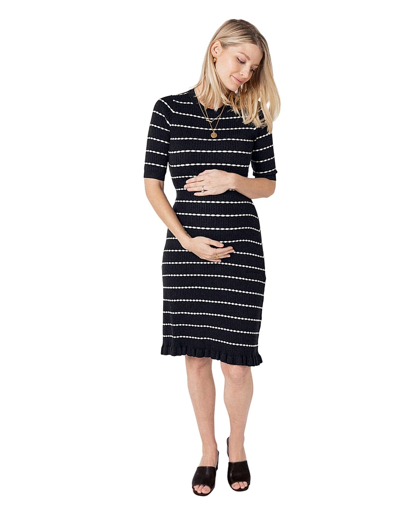 Marion Maternity Knee Length Striped Cotton Knit Nursing Sweater Dress