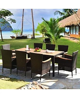 Sugift 9 Pieces Rattan Dining Set with Acacia Wood Table and Stackable Cushioned Chairs
