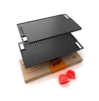 NutriChef Kitchen Flat Grill Plate Pan - Reversible Cast Iron Griddle / Grilling Pan with Heat-Resistant Oven Grab Mitt