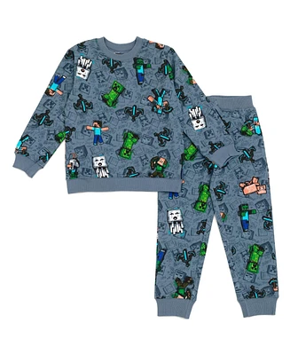 Minecraft Boys Creeper Steve Alex French Terry Sweatshirt and Jogger Pants Set to