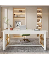 Tribesigns 63-Inch Executive Desk, Large Computer Office Desk with White Glossy Tabletop & Stylish Gold Circle Decor, Modern Laptop Desk Study Writing
