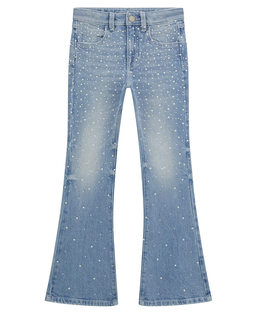 Guess Big Girls Denim Flare with All-Over Heat Seal Pearls Pants