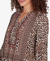 Ruby Rd. Petite Split Neck Embellished Animal Placement Print Tie Front Top