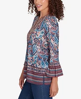 Ruby Rd. Petite Embellished Placket Paisley Print Slub Jersey Top