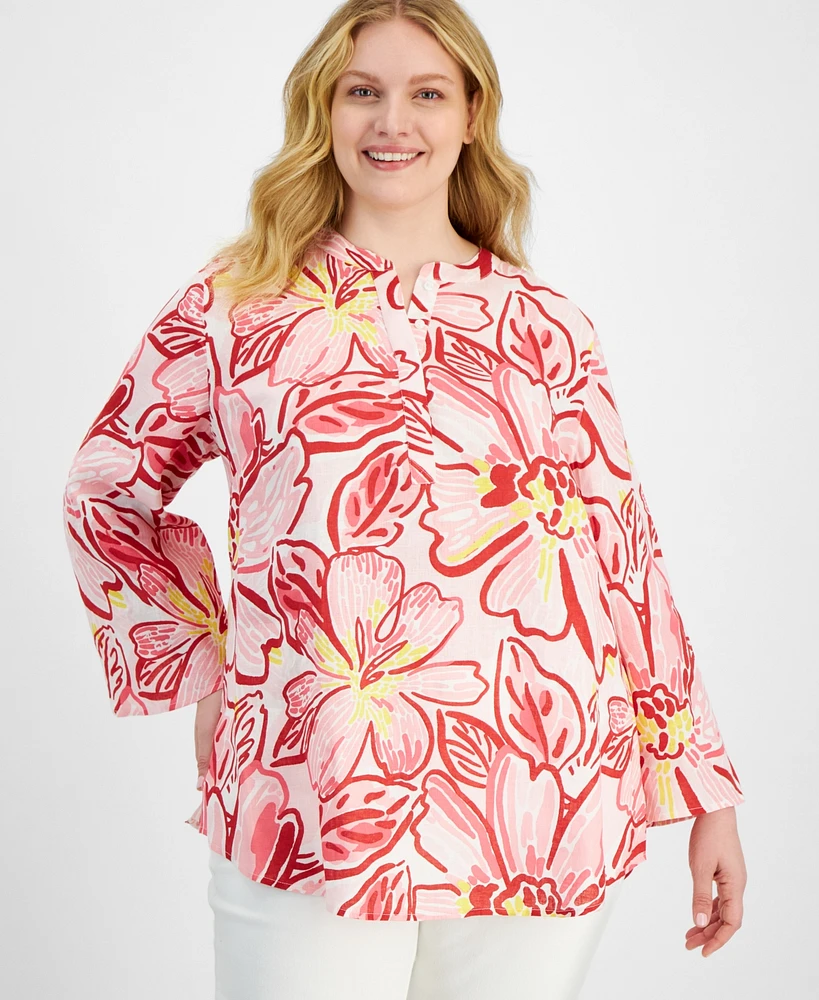 Charter Club Plus Printed Linen Tunic, Exclusively at Macy's