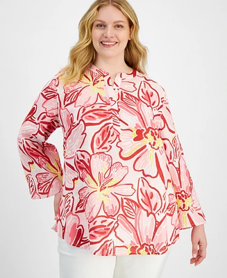 Charter Club Plus 100% Linen Printed Tunic, Exclusively at Macy's