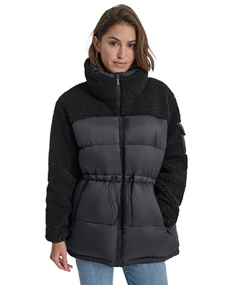 Dkny Jeans Women's Faux-Sherpa Puffer Mixed Coat