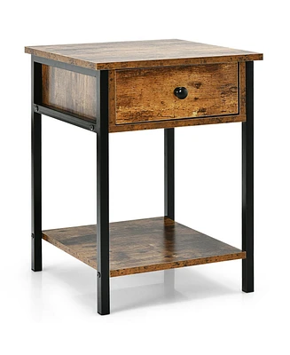 Sugift Industrial End Side Table Nightstand with Drawer Shelf-Rustic Brown