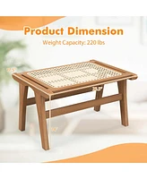 Costway 1 Pcs Ottoman Footstool Natural Teak Wooden Foot Rest with Handwoven Rattan Indoor