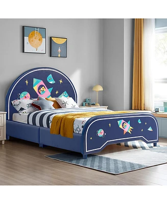 Costway Kids Upholstered Platform Bed Children Twin Size Wooden Bed Rocket Pattern