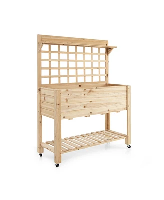 Givimo Wooden Raised Garden Bed with Wheels Trellis and Storage Shelf