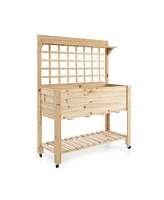 Givimo Wooden Raised Garden Bed with Wheels Trellis and Storage Shelf