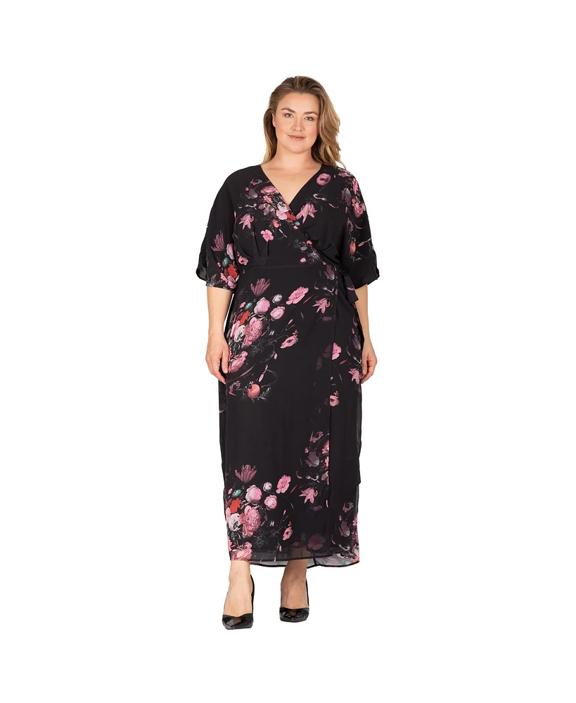 Standards & Practices Plus Size V-Neck Print Kimono Wrap Maxi Dress