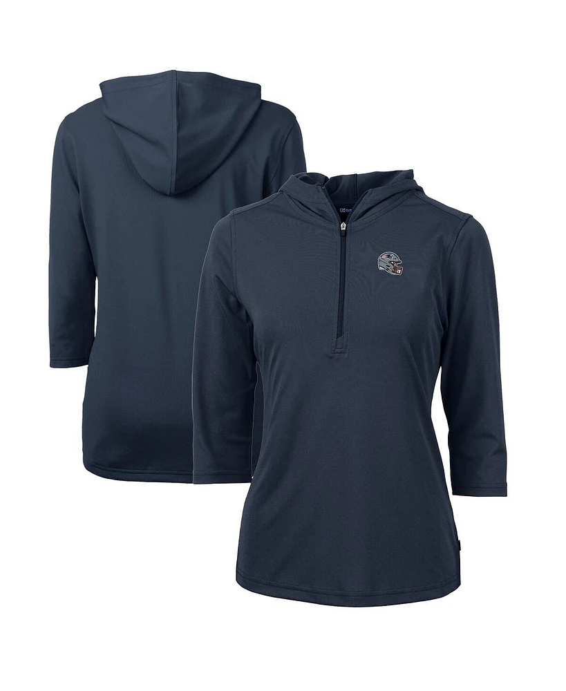 Cutter & Buck Women's Navy New England Patriots Helmet Logo DryTec Virtue Eco Pique 3/4-Sleeve Half-Zip Pullover Hoodie