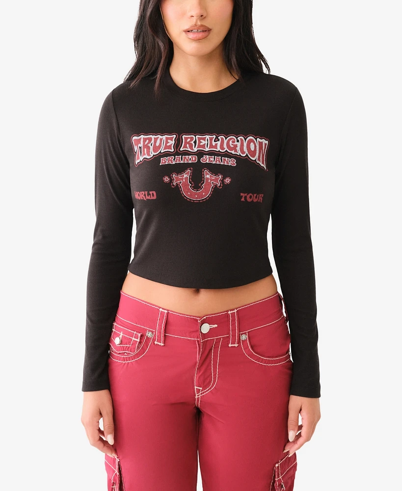 True Religion Women's Western Logo Rib Baby Tee