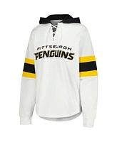G-iii 4Her by Carl Banks Women's White/Black Pittsburgh Penguins Goal Zone Long Sleeve Lace-Up Hoodie T-Shirt