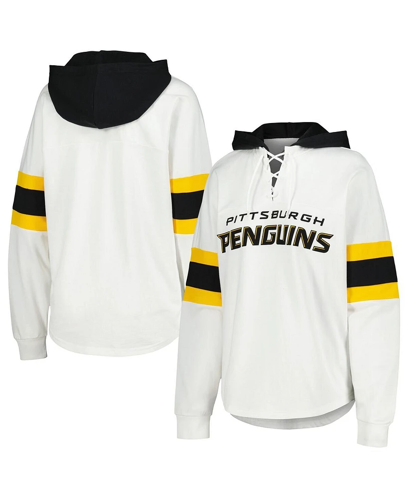 G-iii 4Her by Carl Banks Women's White/Black Pittsburgh Penguins Goal Zone Long Sleeve Lace-Up Hoodie T-Shirt