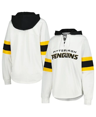 G-iii 4Her by Carl Banks Women's White/Black Pittsburgh Penguins Goal Zone Long Sleeve Lace-Up Hoodie T-Shirt