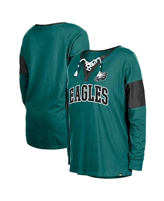 New Era Women's Midnight Green Philadelphia Eagles Lace-Up Notch-Neck Long Sleeve T-Shirt