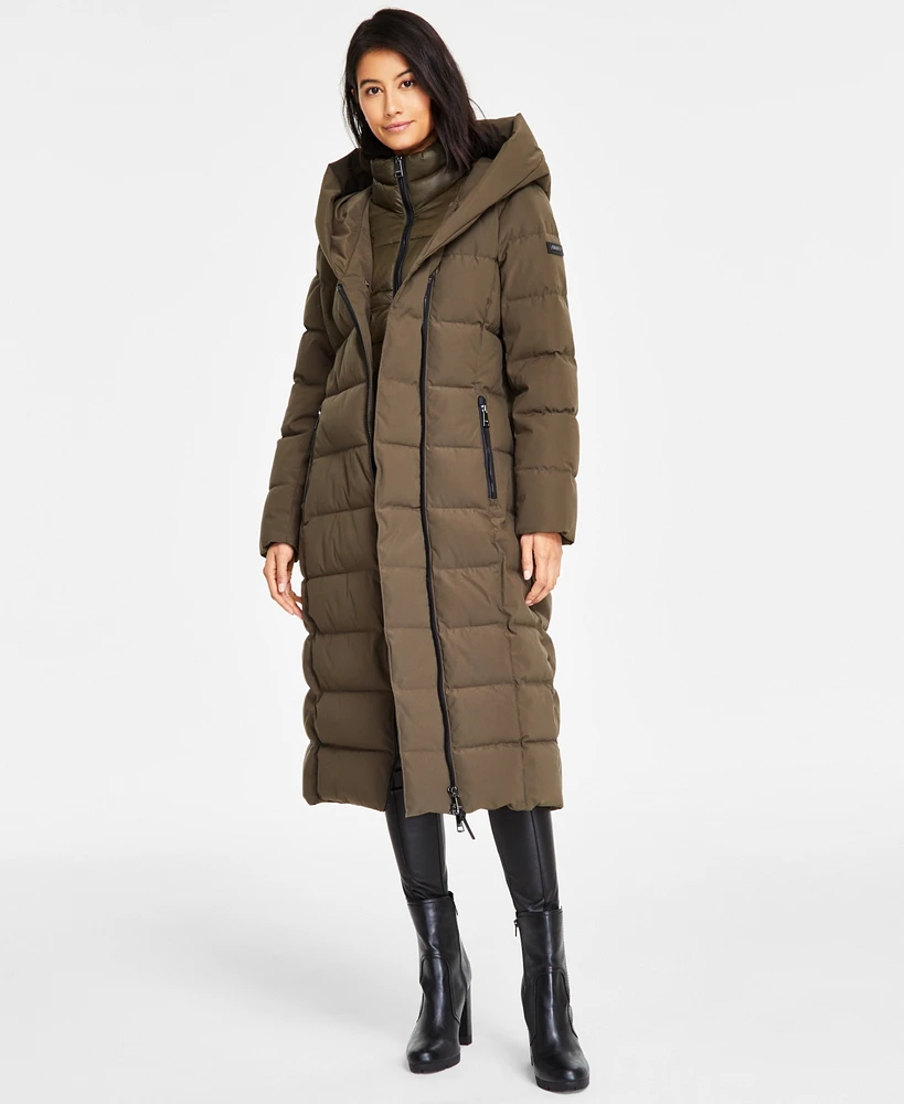 Dkny Women's Bibbed Shawl Collar Hooded Puffer Coat