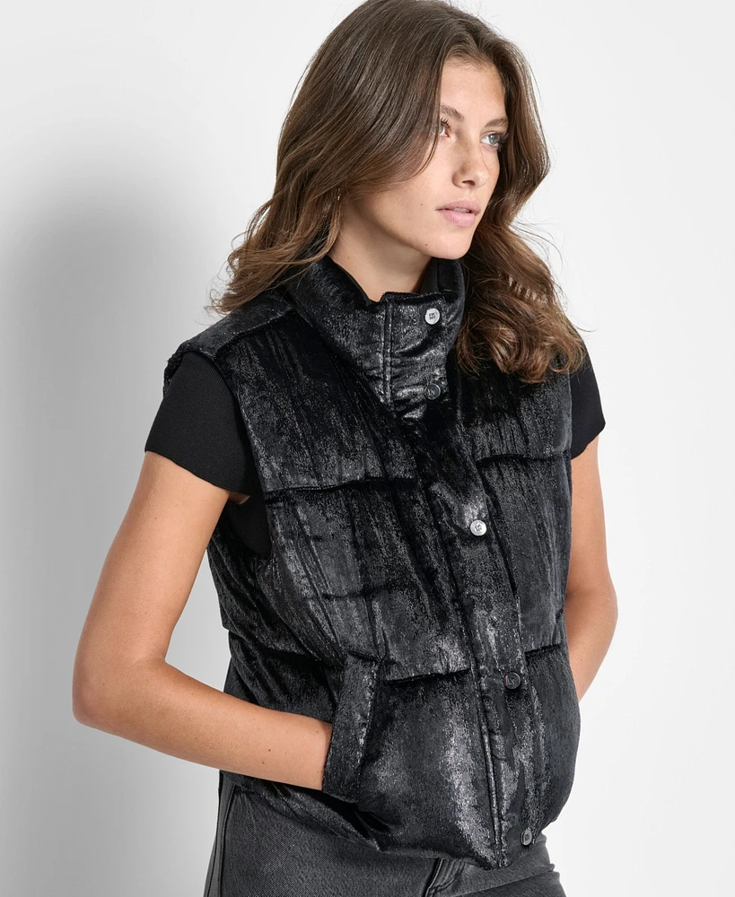 Dkny Women's Sleeveless Velvet Shimmer Puffer Vest