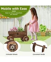 Decorative Wooden Wagon Cart with Handle Wheels and Drainage Hole