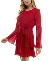 City Studios Juniors' Shimmering Tie-Front Bell-Sleeve Tiered Dress