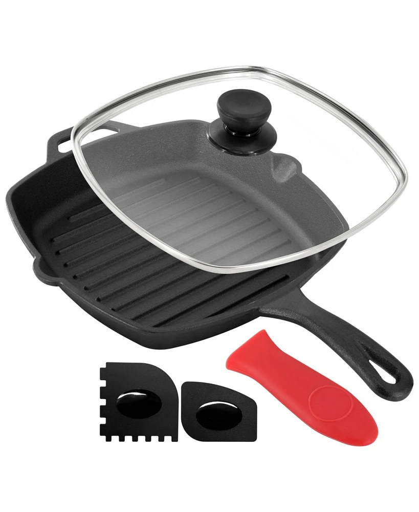 Megachef 10.4 Inch Pre-Seasoned Cast Iron Griddle with Tempered Glass Lid